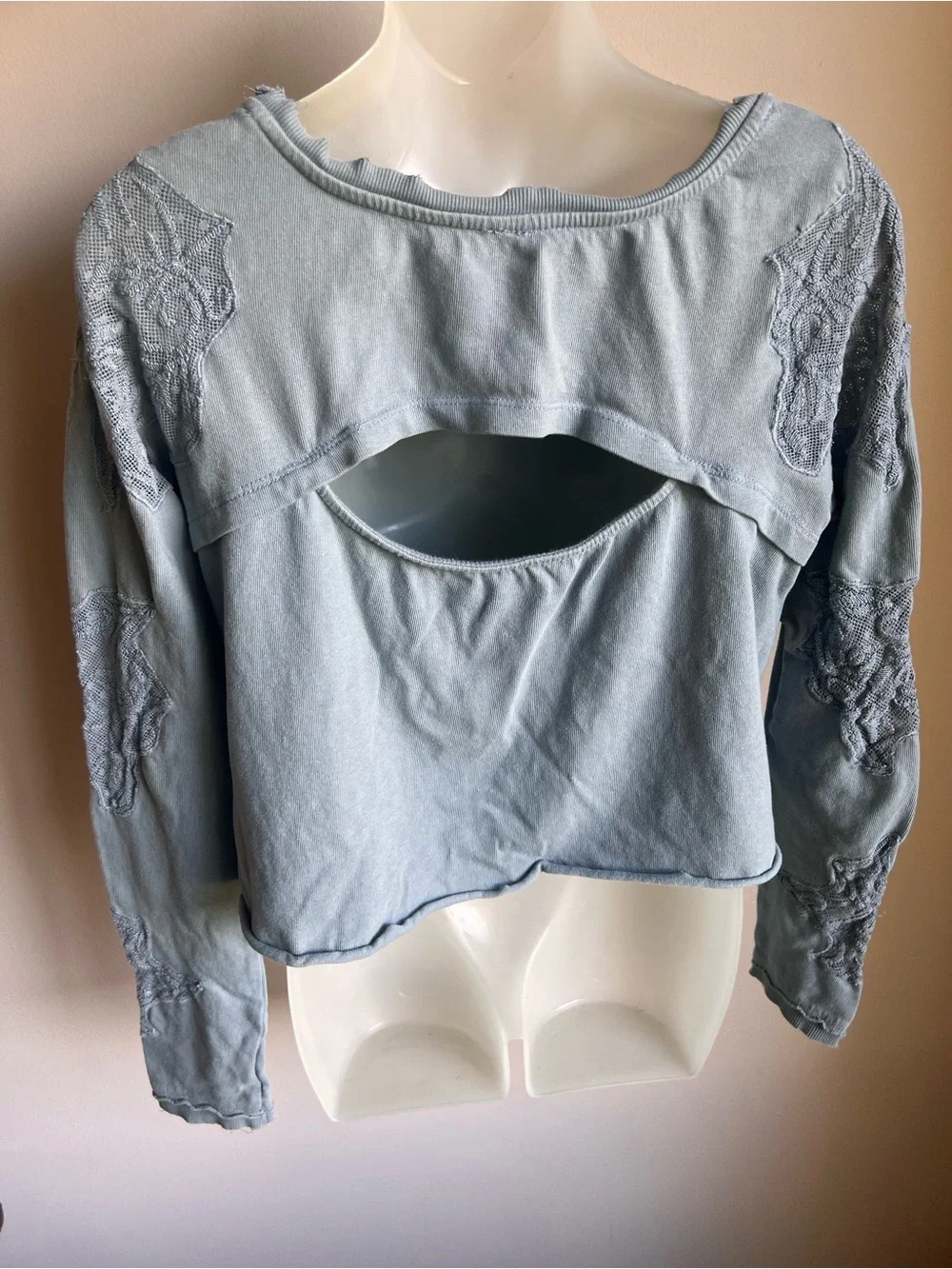 Free People Blue Embroidered Lace Sleeve Detail Crop Sweatshirt L with flaw Boho